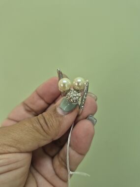 Faux Pearl and Crystal Open Ring - White Pearls on Silver Size 7